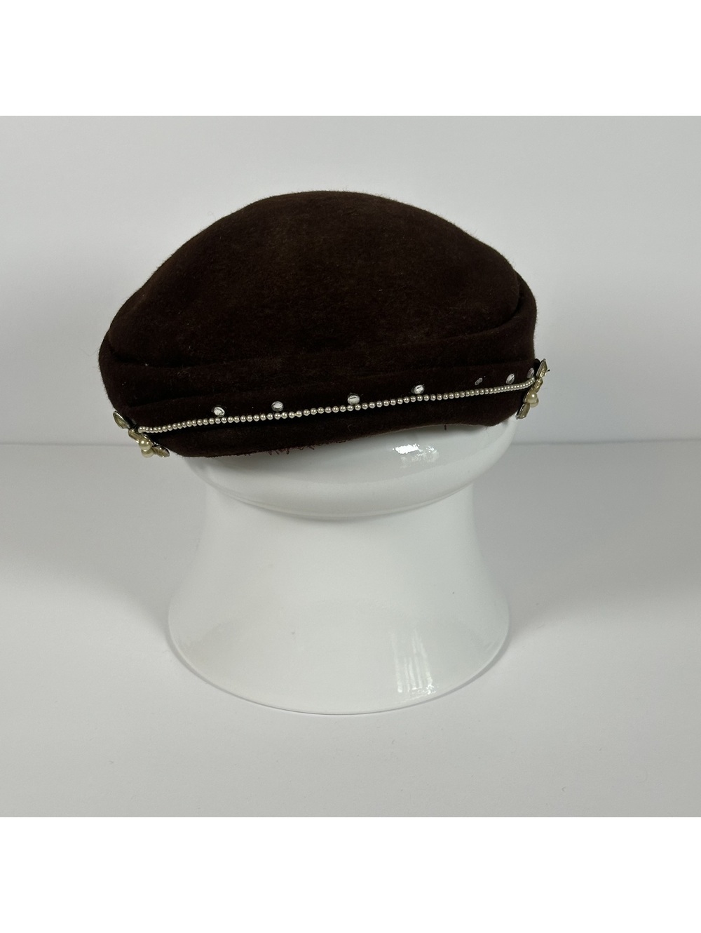 Vintage Neumann Endler Brown Wool Pillbox Hat with Pearl and Rhinestone Trim